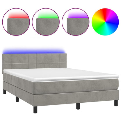 Box spring bed with mattress &amp; LED light grey 140x200 cm velvet