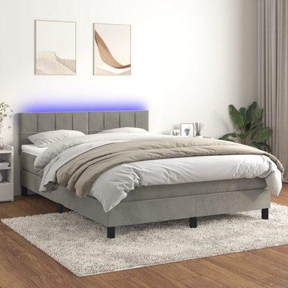 Box spring bed with mattress &amp; LED light grey 140x200 cm velvet