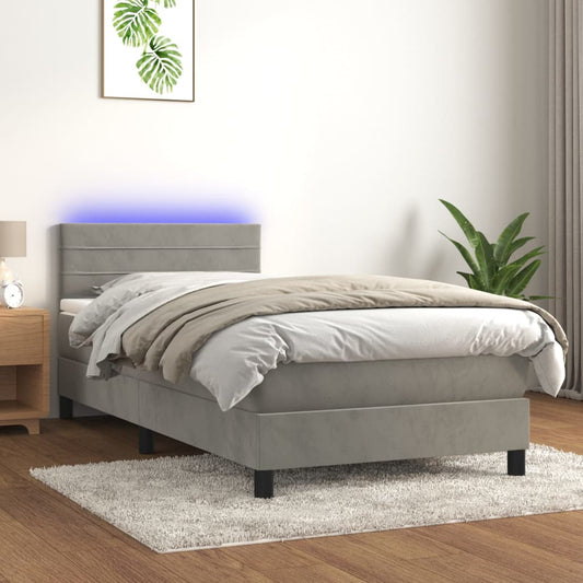 Box spring krevet s madracem i LED svjetlo sivi 90x200 cm baršun