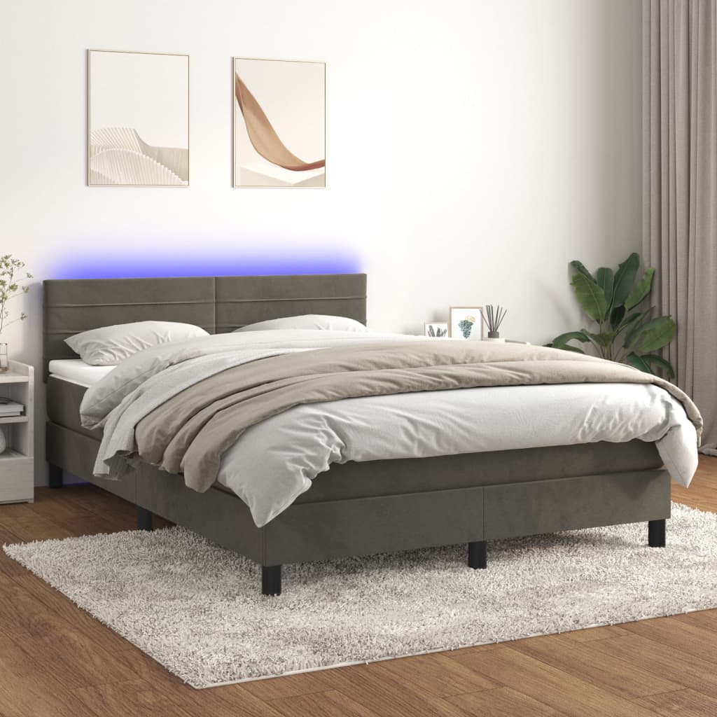 Box spring bed with mattress &amp; LED dark grey 140x200 cm velvet