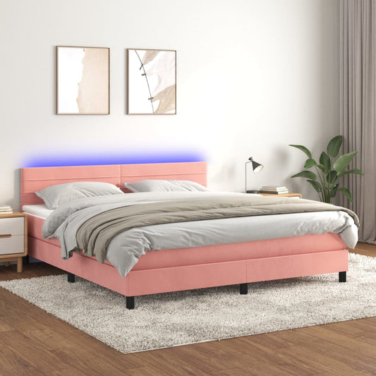 Box spring bed with mattress &amp; LED pink 160x200 cm velvet