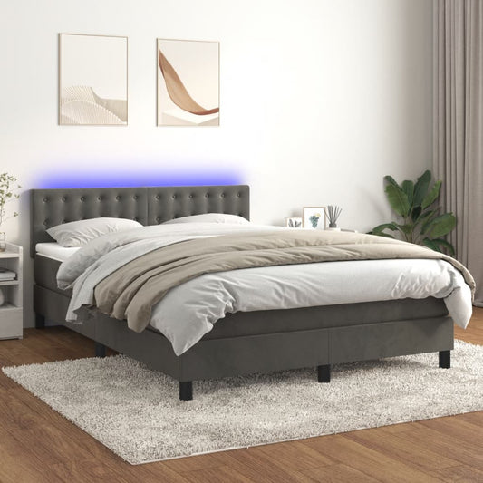 Box spring bed with mattress &amp; LED dark grey 140x200 cm velvet