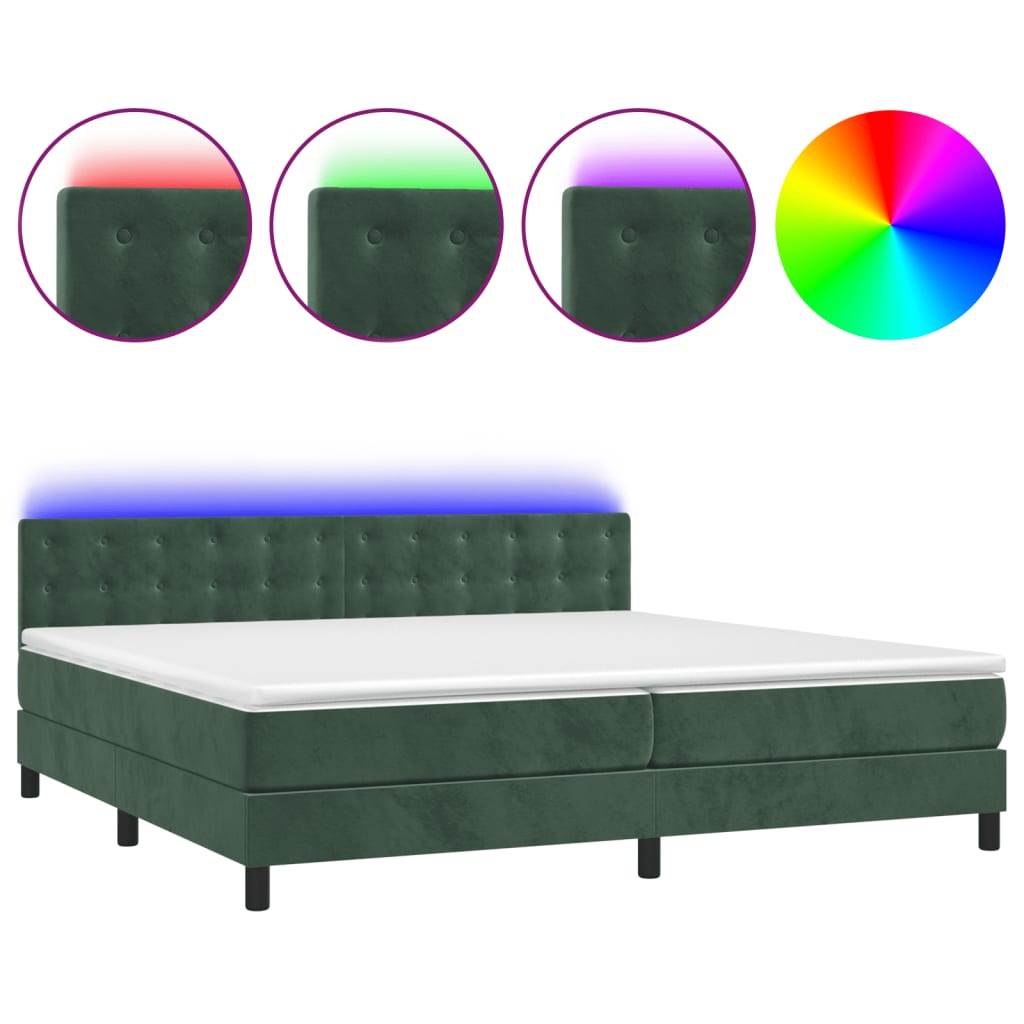 Box spring bed with mattress &amp; LED dark green 200x200 cm velvet