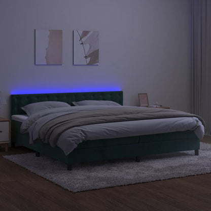 Box spring bed with mattress &amp; LED dark green 200x200 cm velvet