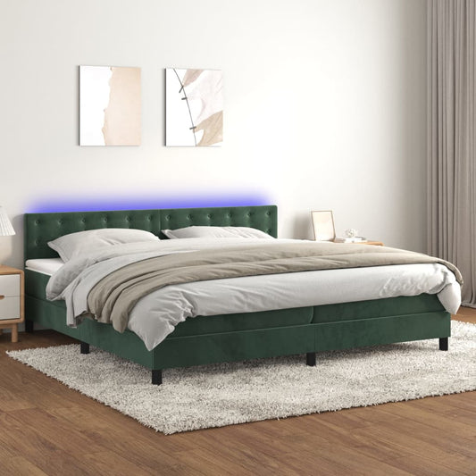 Box spring bed with mattress &amp; LED dark green 200x200 cm velvet