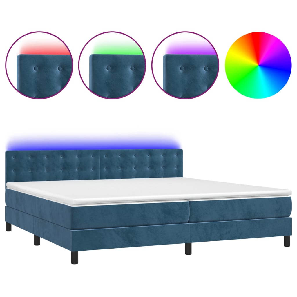 Box spring bed with mattress &amp; LED dark blue 200x200 cm velvet