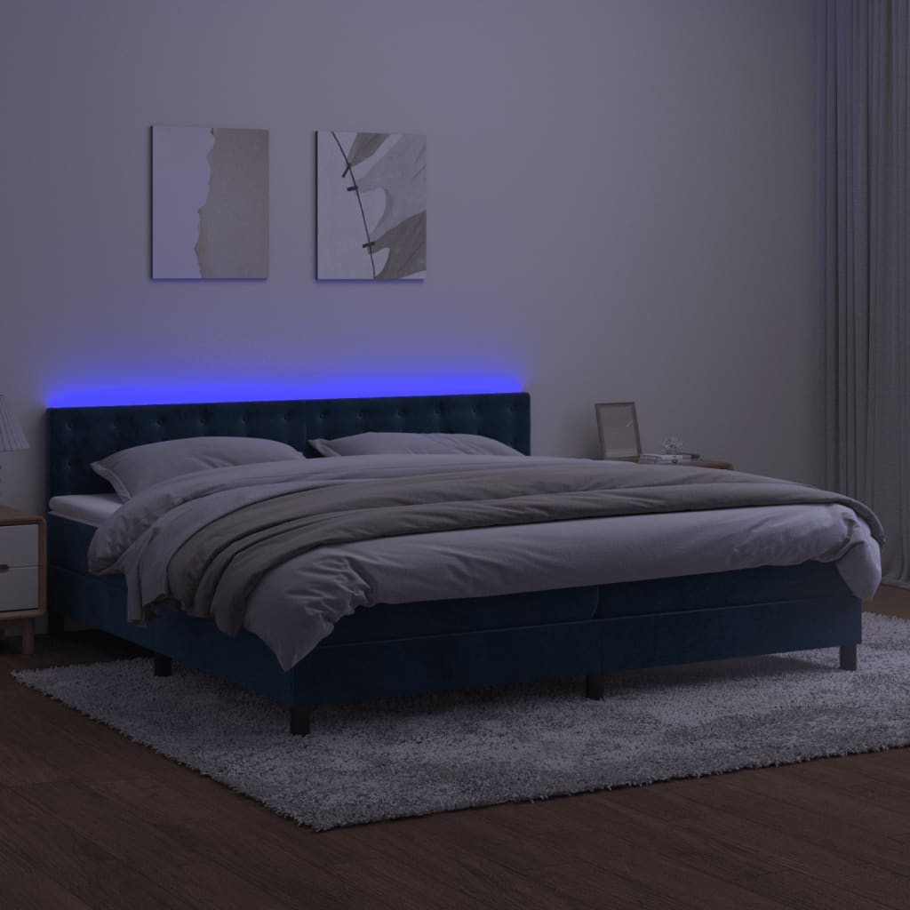 Box spring bed with mattress &amp; LED dark blue 200x200 cm velvet