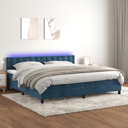 Box spring bed with mattress &amp; LED dark blue 200x200 cm velvet