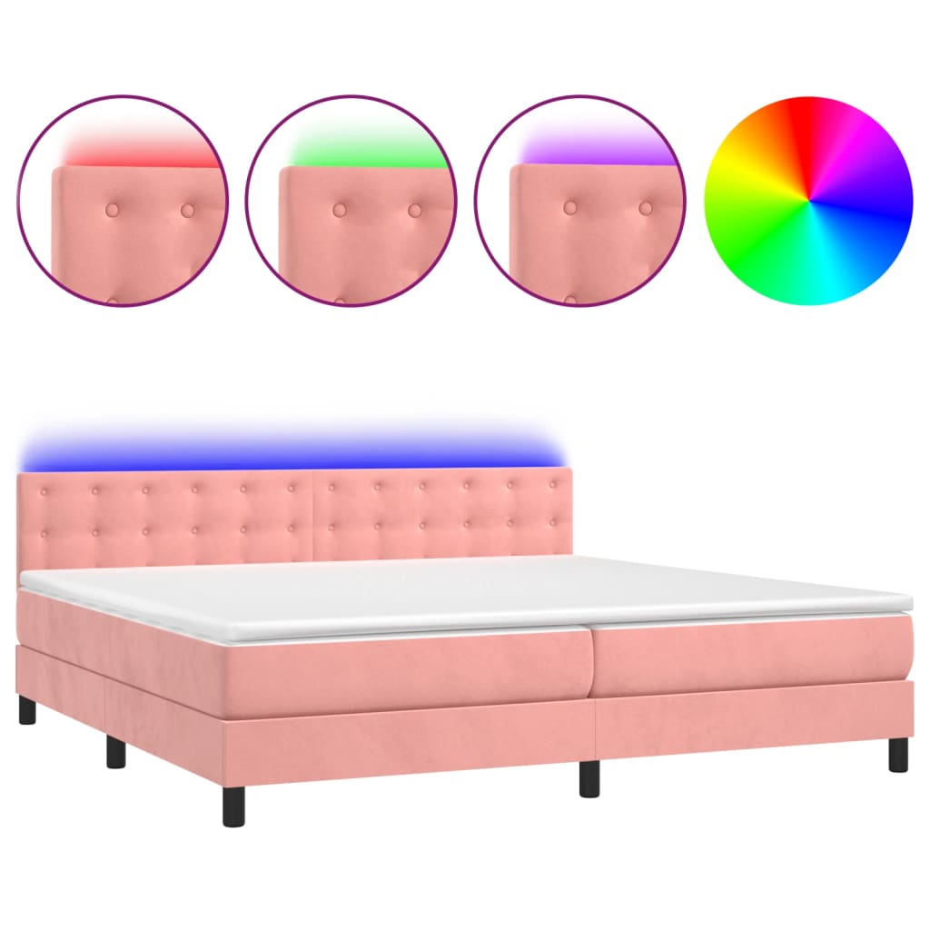 Box spring bed with mattress &amp; LED pink 200x200 cm velvet