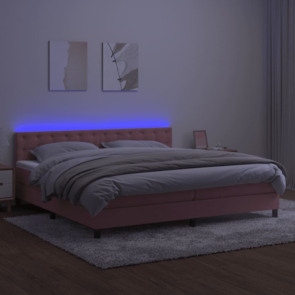 Box spring bed with mattress &amp; LED pink 200x200 cm velvet