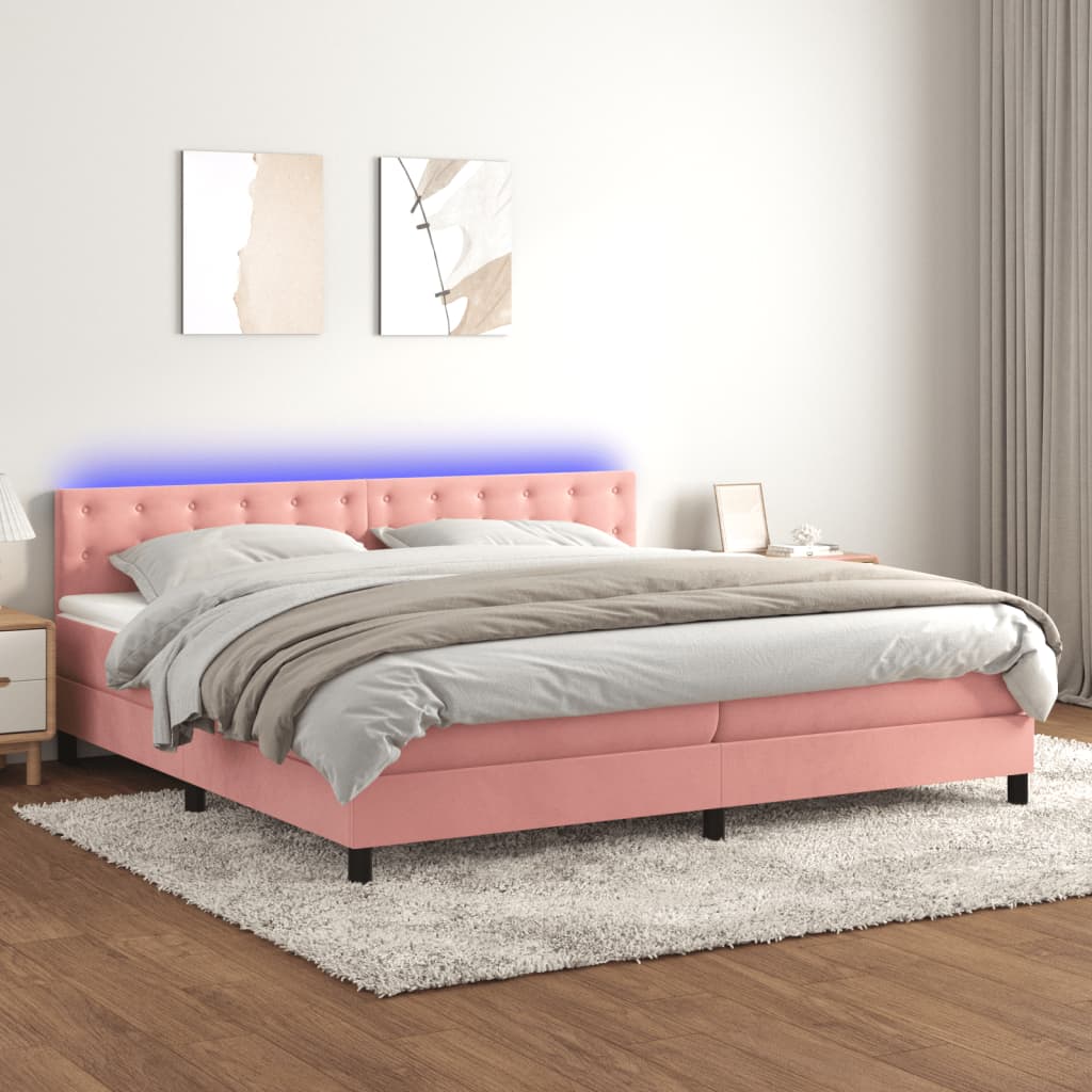 Box spring bed with mattress &amp; LED pink 200x200 cm velvet