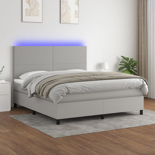 Box spring bed with mattress &amp; LED light grey 160x200 cm fabric