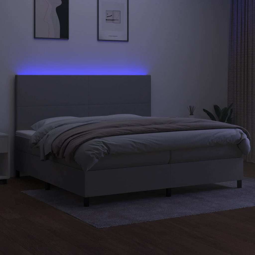 Box spring bed with mattress &amp; LED light grey 200x200 cm fabric