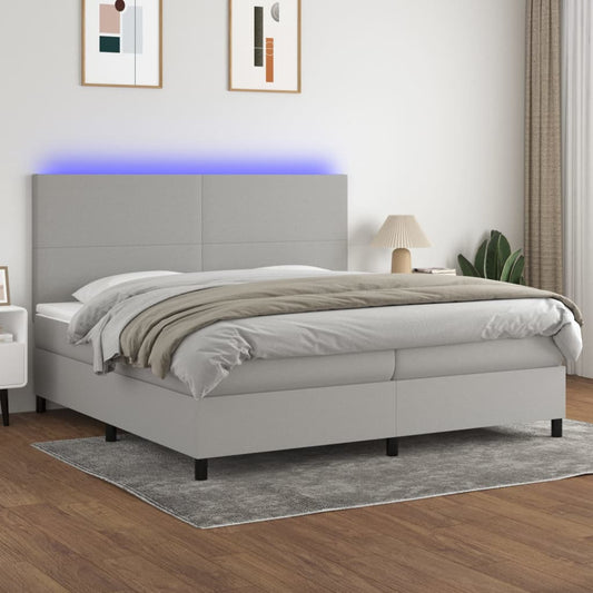 Box spring bed with mattress &amp; LED light grey 200x200 cm fabric