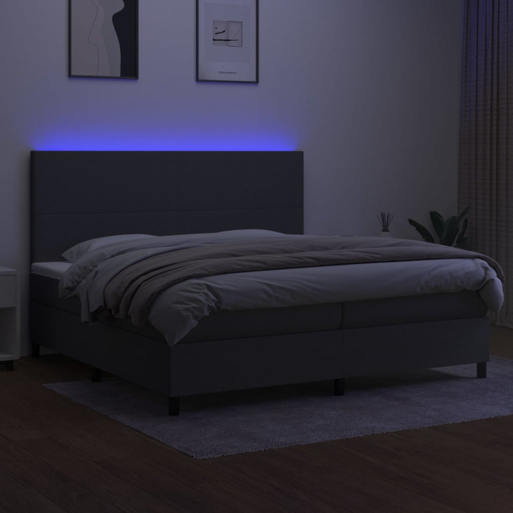 Box spring bed with mattress &amp; LED dark grey 200x200 cm fabric