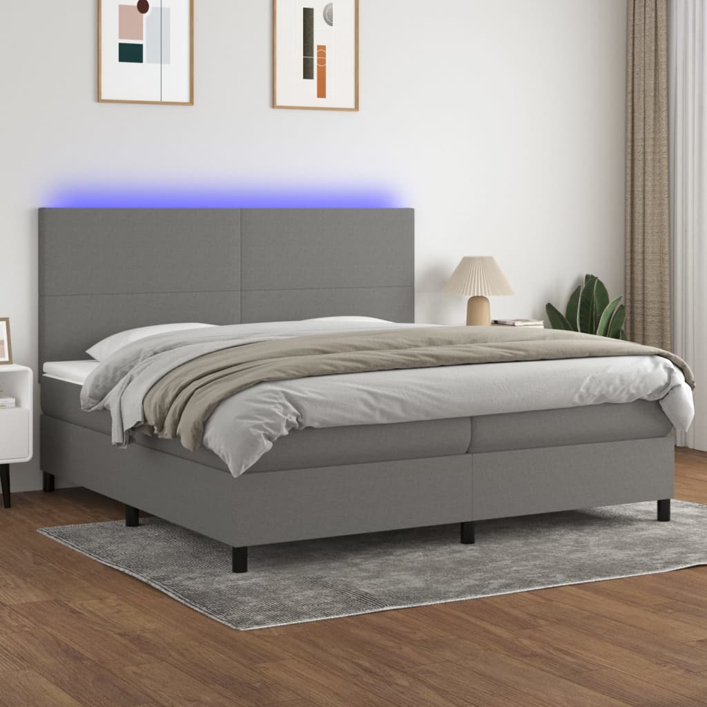 Box spring bed with mattress &amp; LED dark grey 200x200 cm fabric