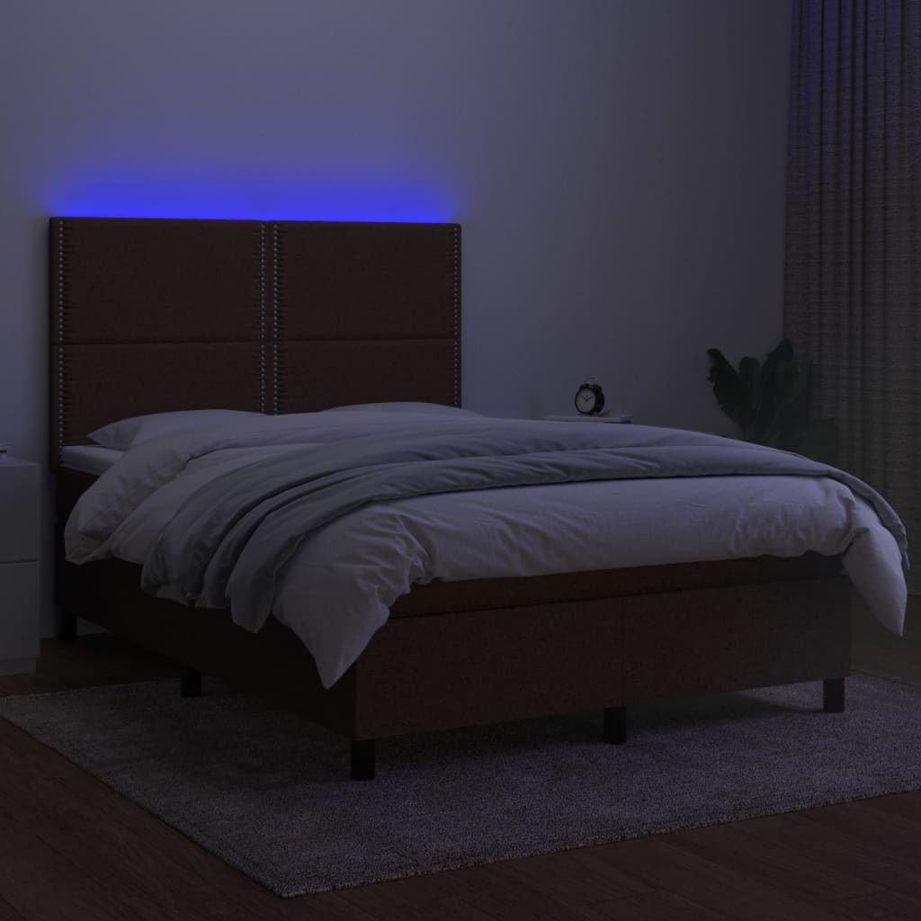 Box spring bed with mattress &amp; LED dark brown 140x200 cm fabric