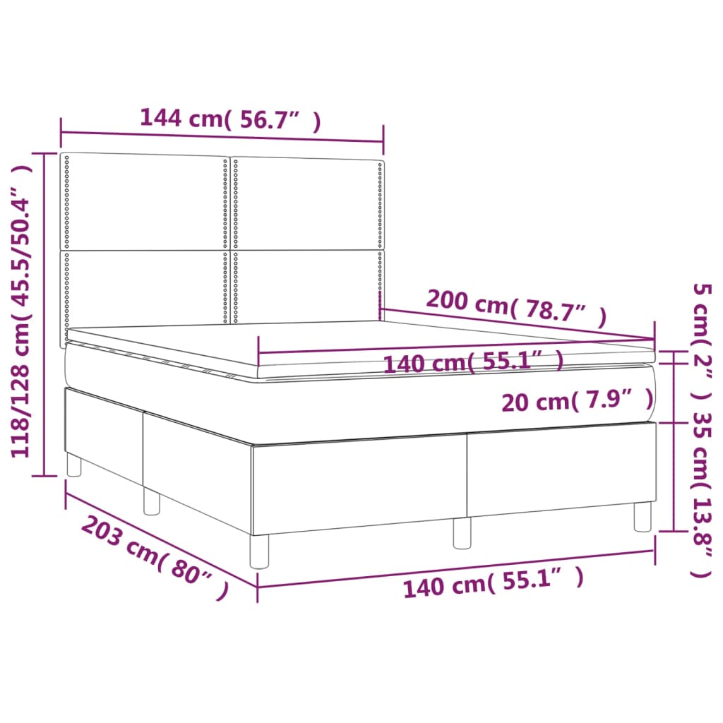 Box spring bed with mattress &amp; LED dark brown 140x200 cm fabric