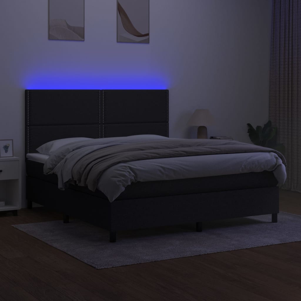 Box spring bed with mattress &amp; LED black 160x200 cm fabric