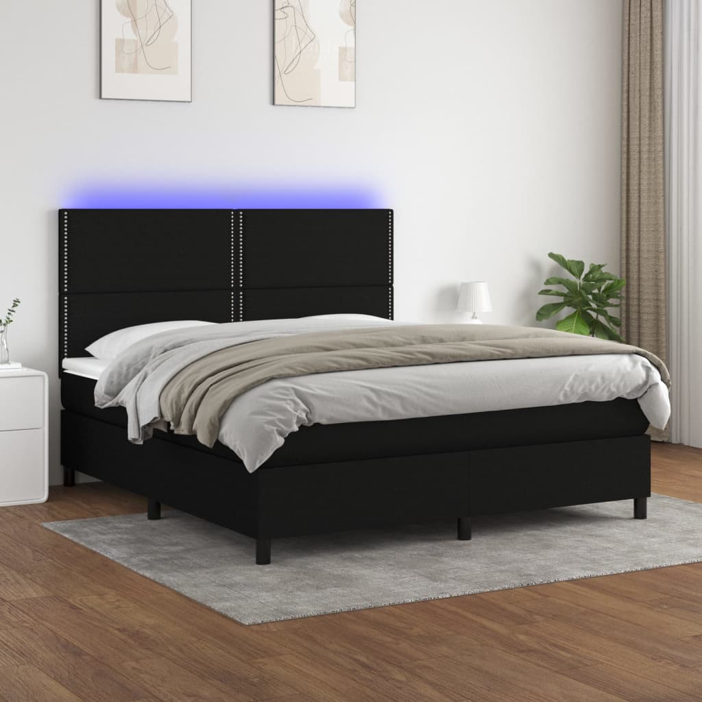 Box spring bed with mattress &amp; LED black 160x200 cm fabric