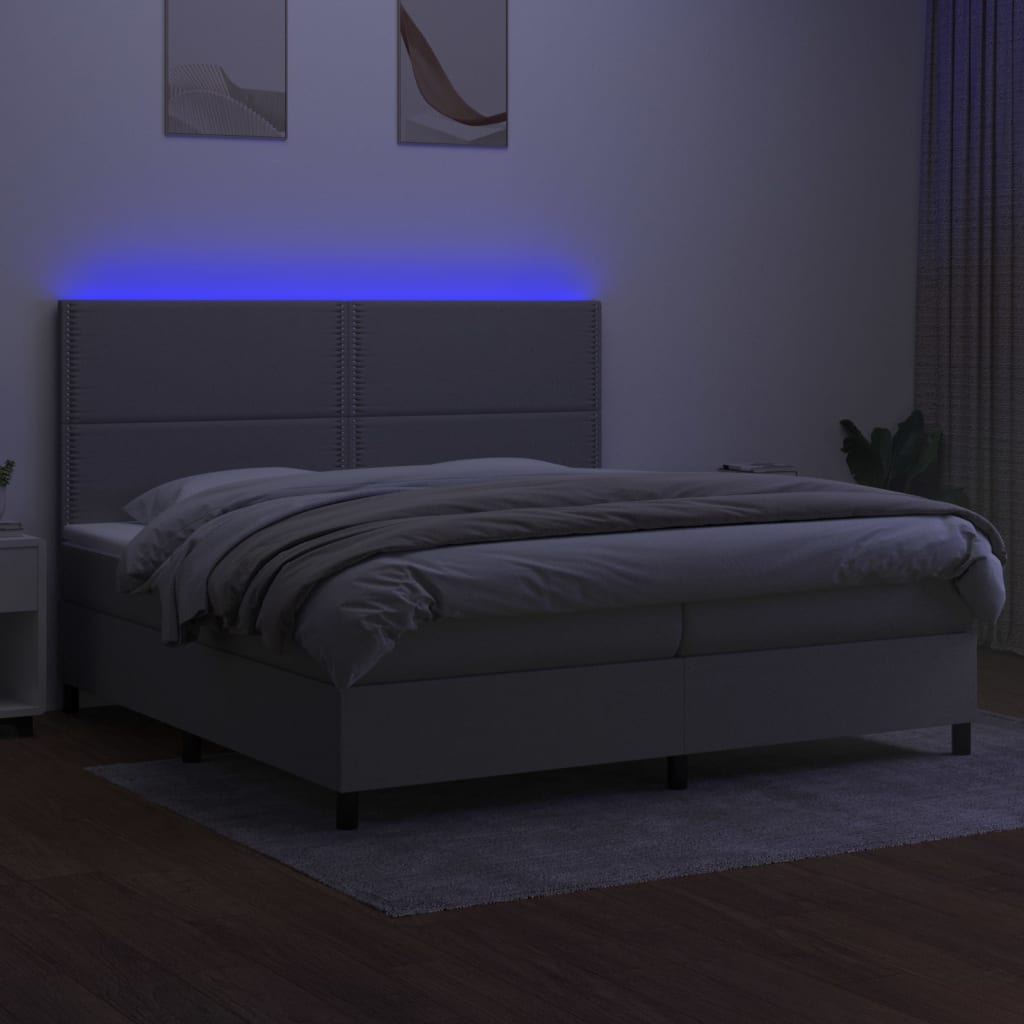 Box spring bed with mattress &amp; LED light grey 200x200 cm fabric