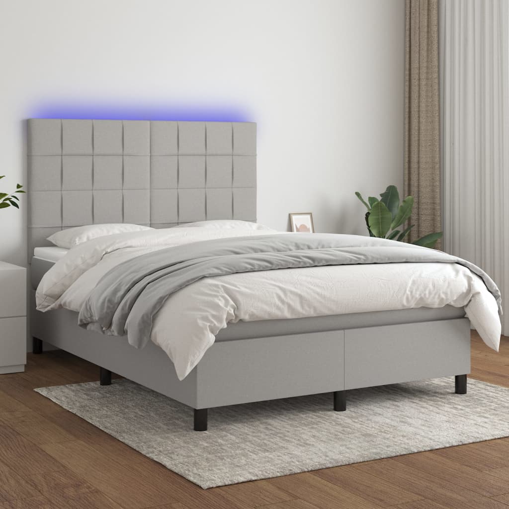 Box spring bed with mattress &amp; LED light grey 140x200 cm fabric