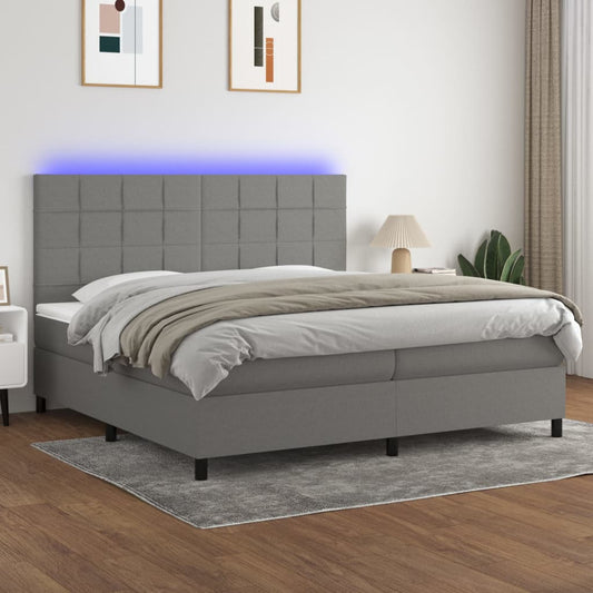 Box spring bed with mattress &amp; LED dark grey 200x200 cm fabric