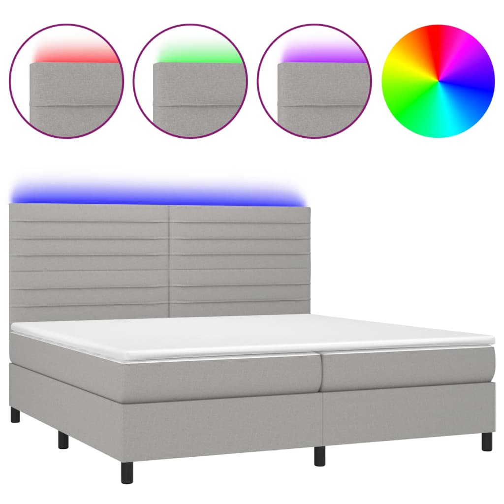 Box spring bed with mattress &amp; LED light grey 200x200 cm fabric