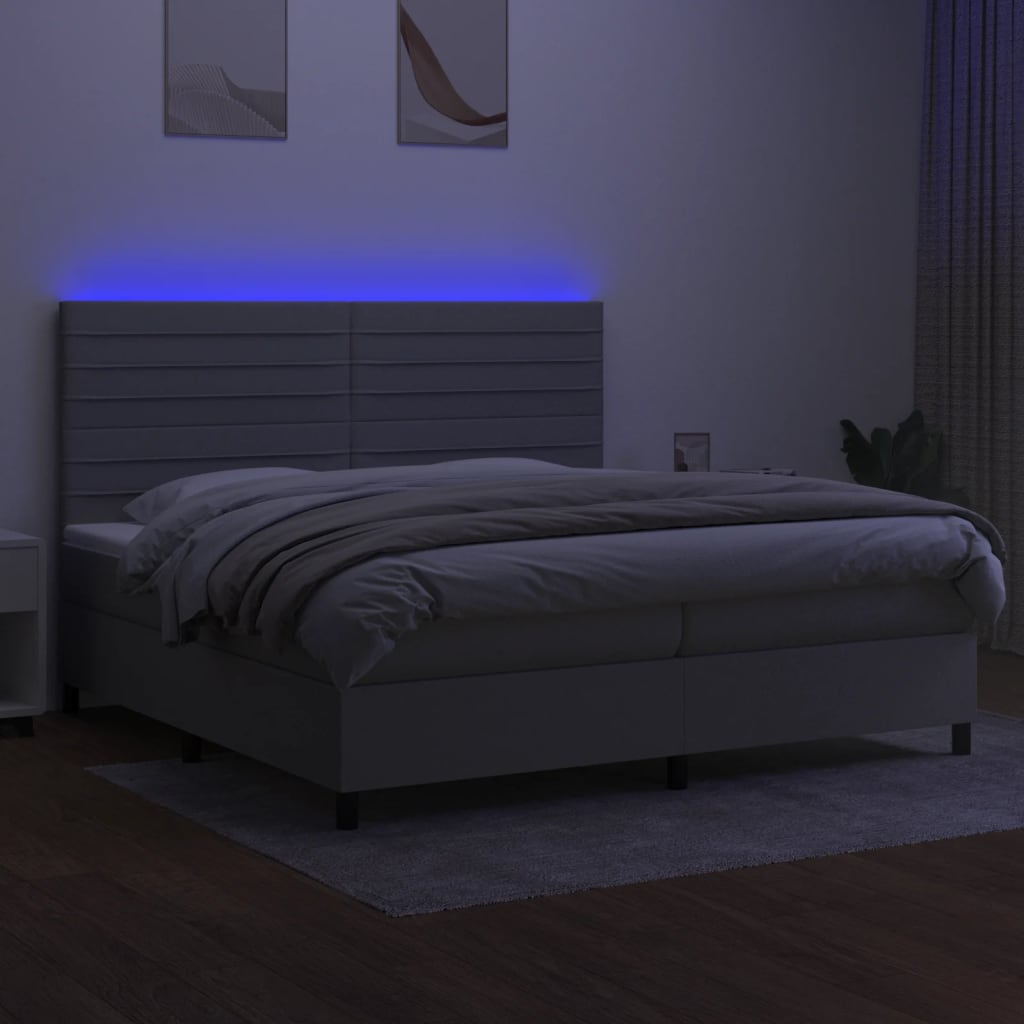 Box spring bed with mattress &amp; LED light grey 200x200 cm fabric