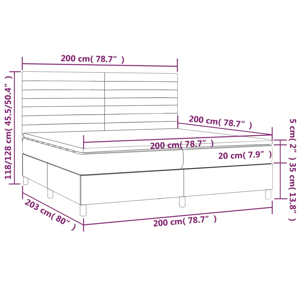 Box spring bed with mattress &amp; LED light grey 200x200 cm fabric