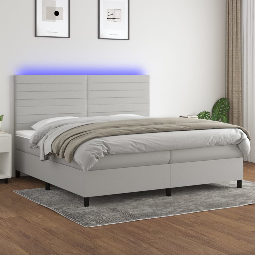 Box spring bed with mattress &amp; LED light grey 200x200 cm fabric