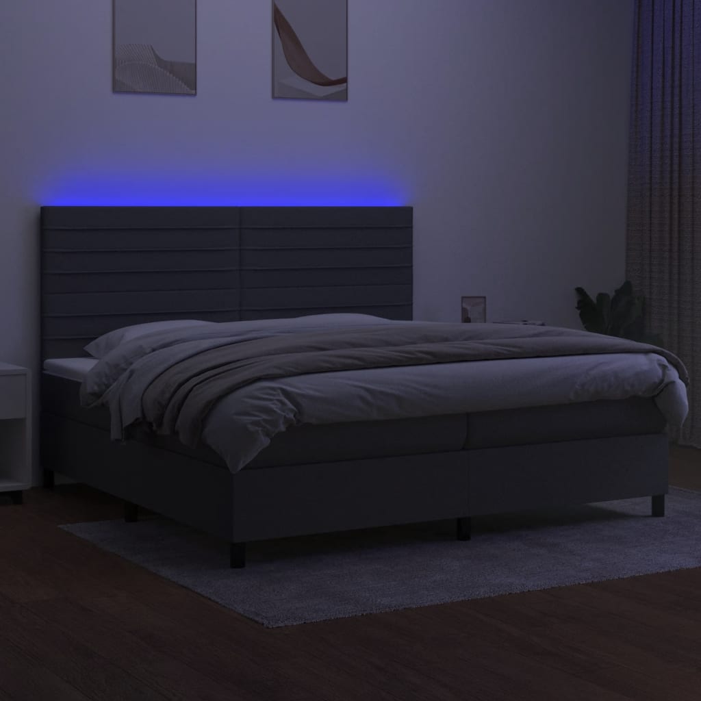 Box spring bed with mattress &amp; LED dark grey 200x200 cm fabric