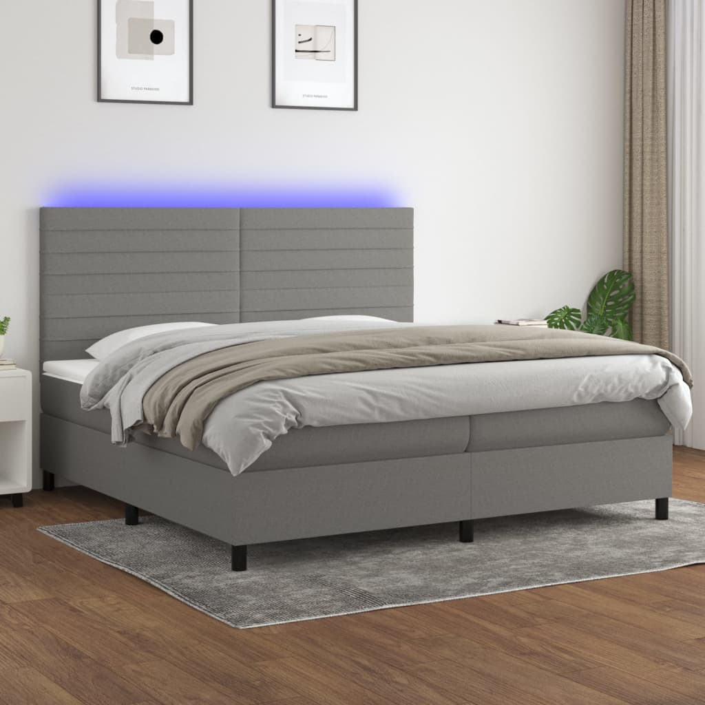 Box spring bed with mattress &amp; LED dark grey 200x200 cm fabric