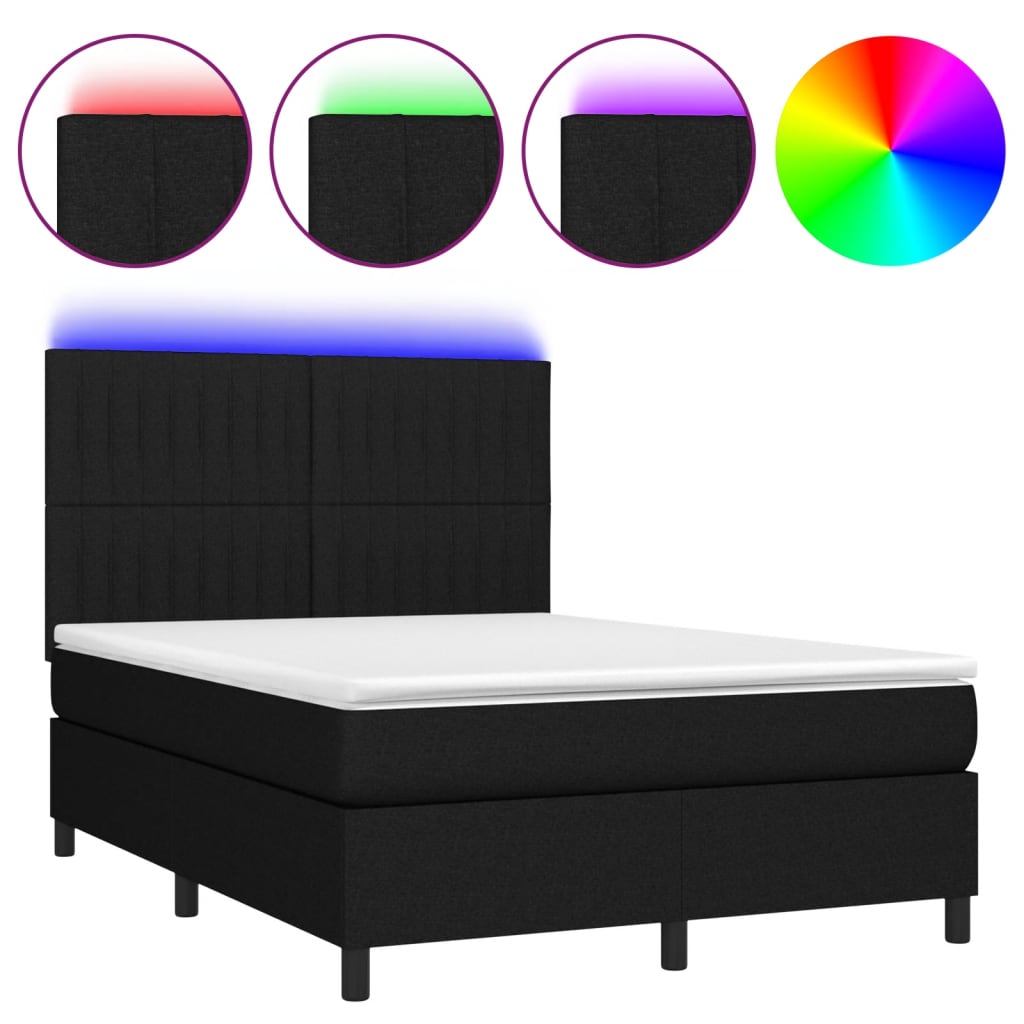 Box spring bed with mattress &amp; LED black 140x200 cm fabric