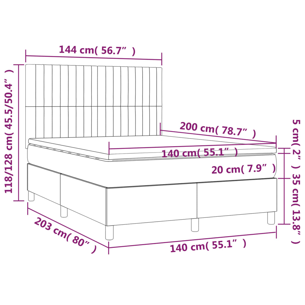 Box spring bed with mattress &amp; LED black 140x200 cm fabric