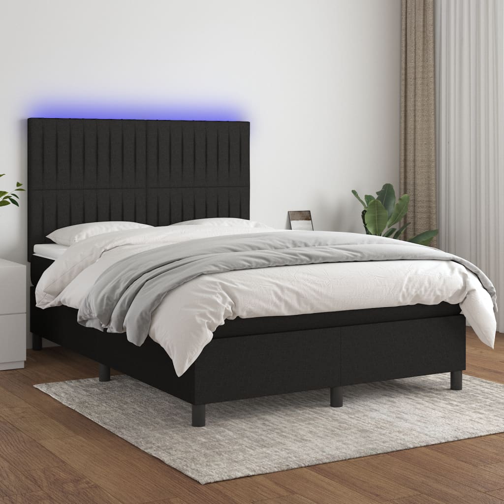 Box spring bed with mattress &amp; LED black 140x200 cm fabric