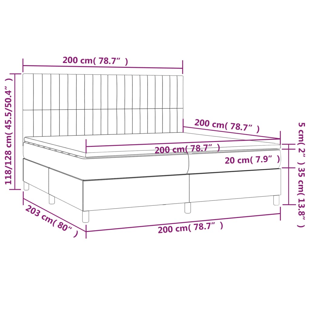 Box spring bed with mattress &amp; LED light grey 200x200 cm fabric