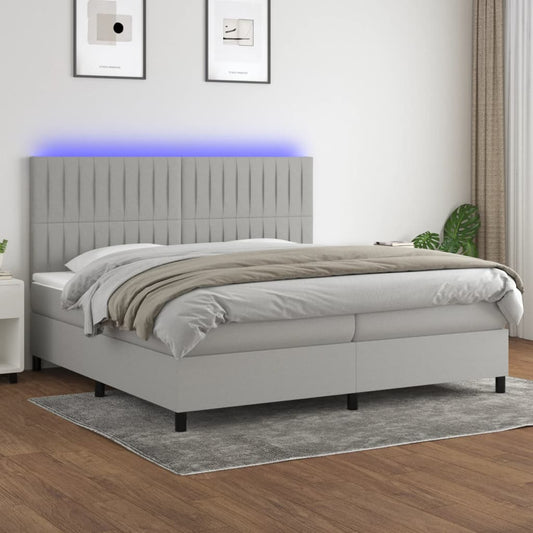 Box spring bed with mattress &amp; LED light grey 200x200 cm fabric