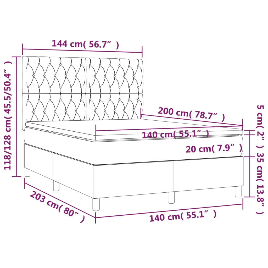 Box spring bed with mattress &amp; LED light grey 140x200 cm fabric