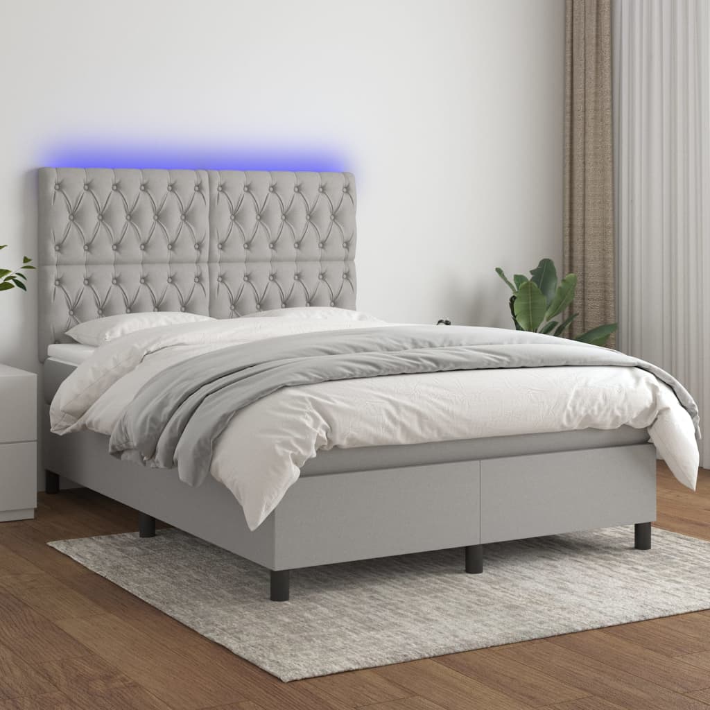 Box spring bed with mattress &amp; LED light grey 140x200 cm fabric