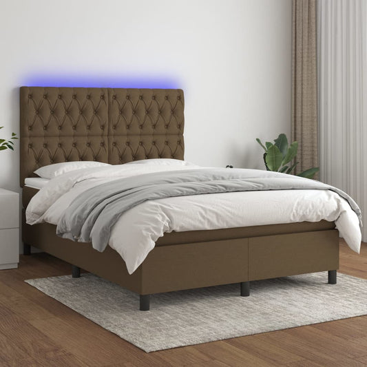 Box spring bed with mattress &amp; LED dark brown 140x200 cm fabric