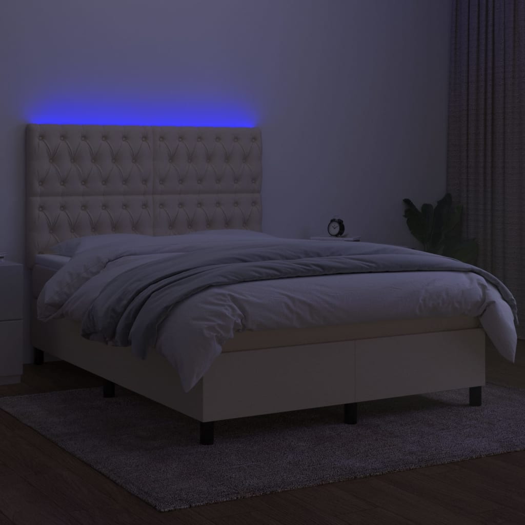 Box spring bed with mattress &amp; LED cream 140x200 cm fabric