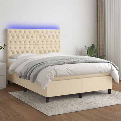 Box spring bed with mattress &amp; LED cream 140x200 cm fabric