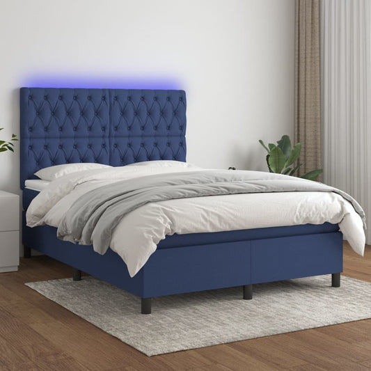 Box spring bed with mattress &amp; LED blue 140x200 cm fabric