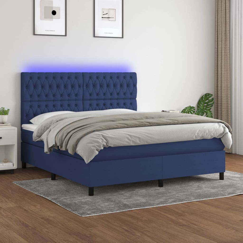 Box spring bed with mattress &amp; LED blue 160x200 cm fabric