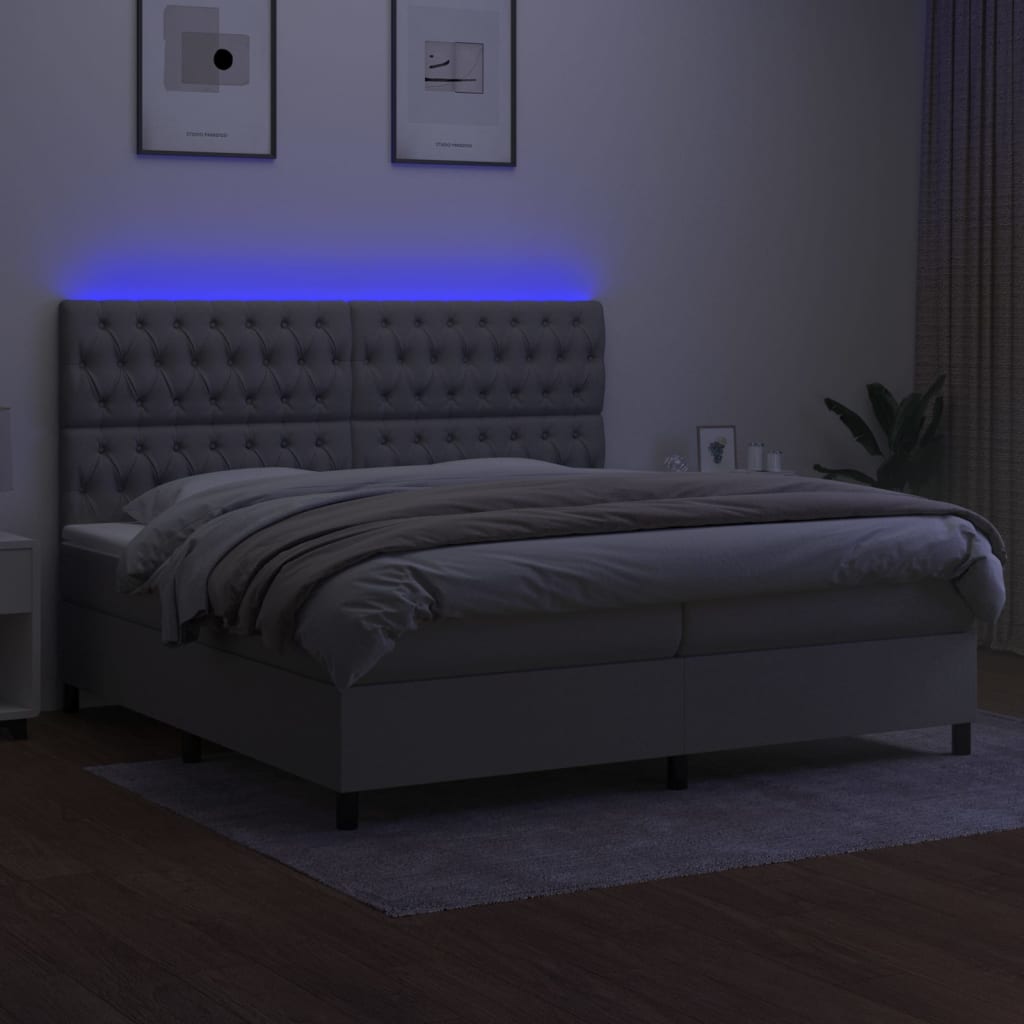 Box spring bed with mattress &amp; LED light grey 200x200 cm fabric