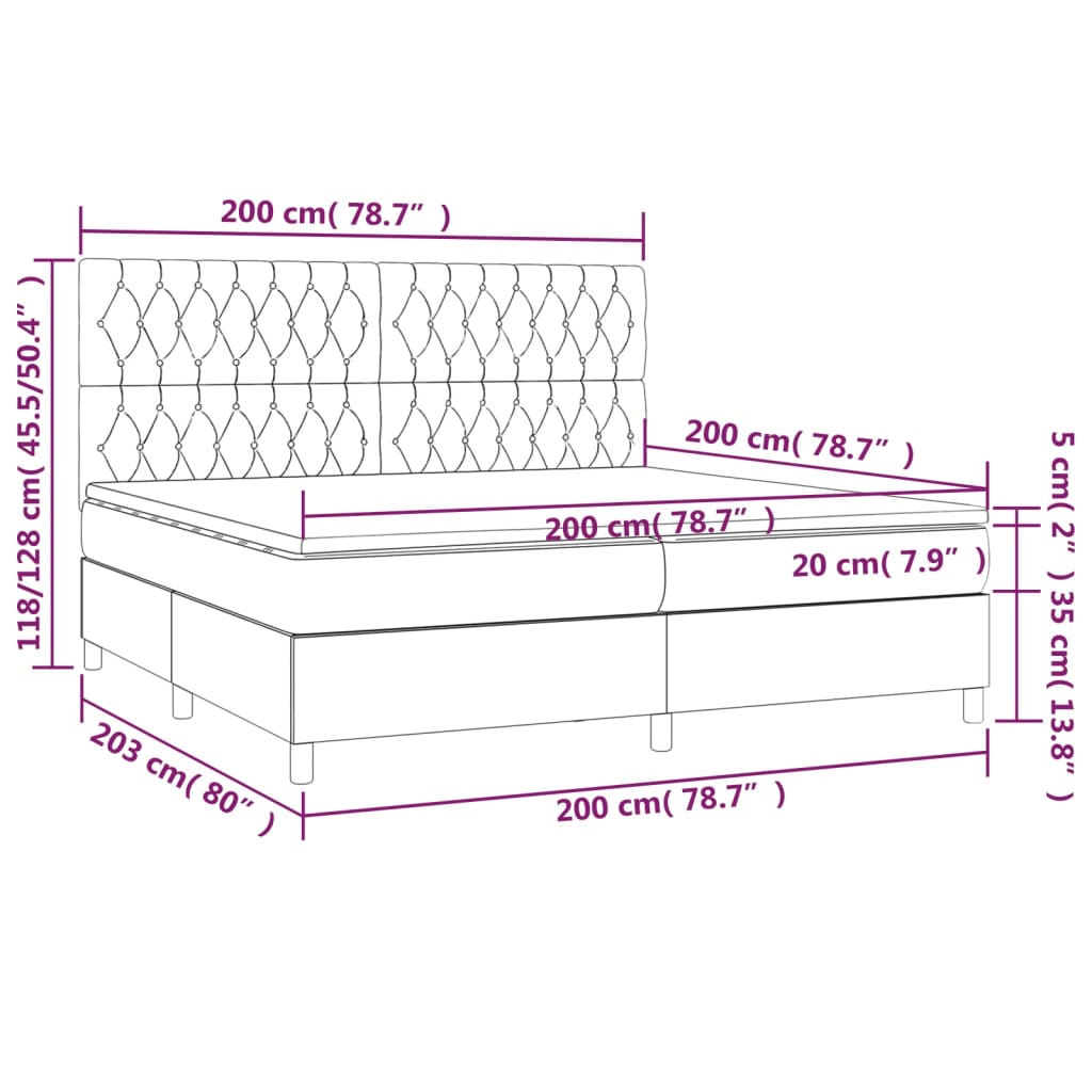 Box spring bed with mattress &amp; LED light grey 200x200 cm fabric