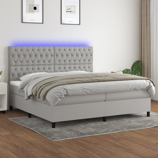 Box spring bed with mattress &amp; LED light grey 200x200 cm fabric