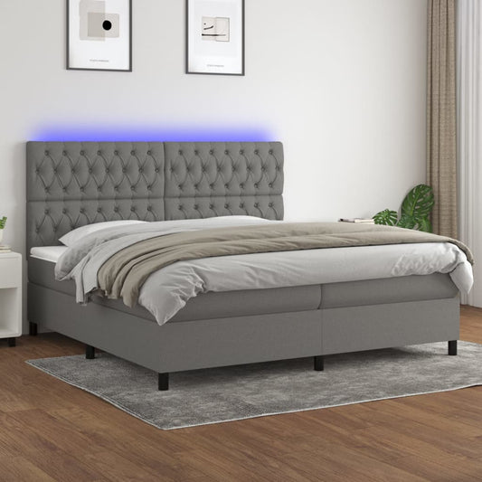 Box spring bed with mattress &amp; LED dark grey 200x200 cm fabric