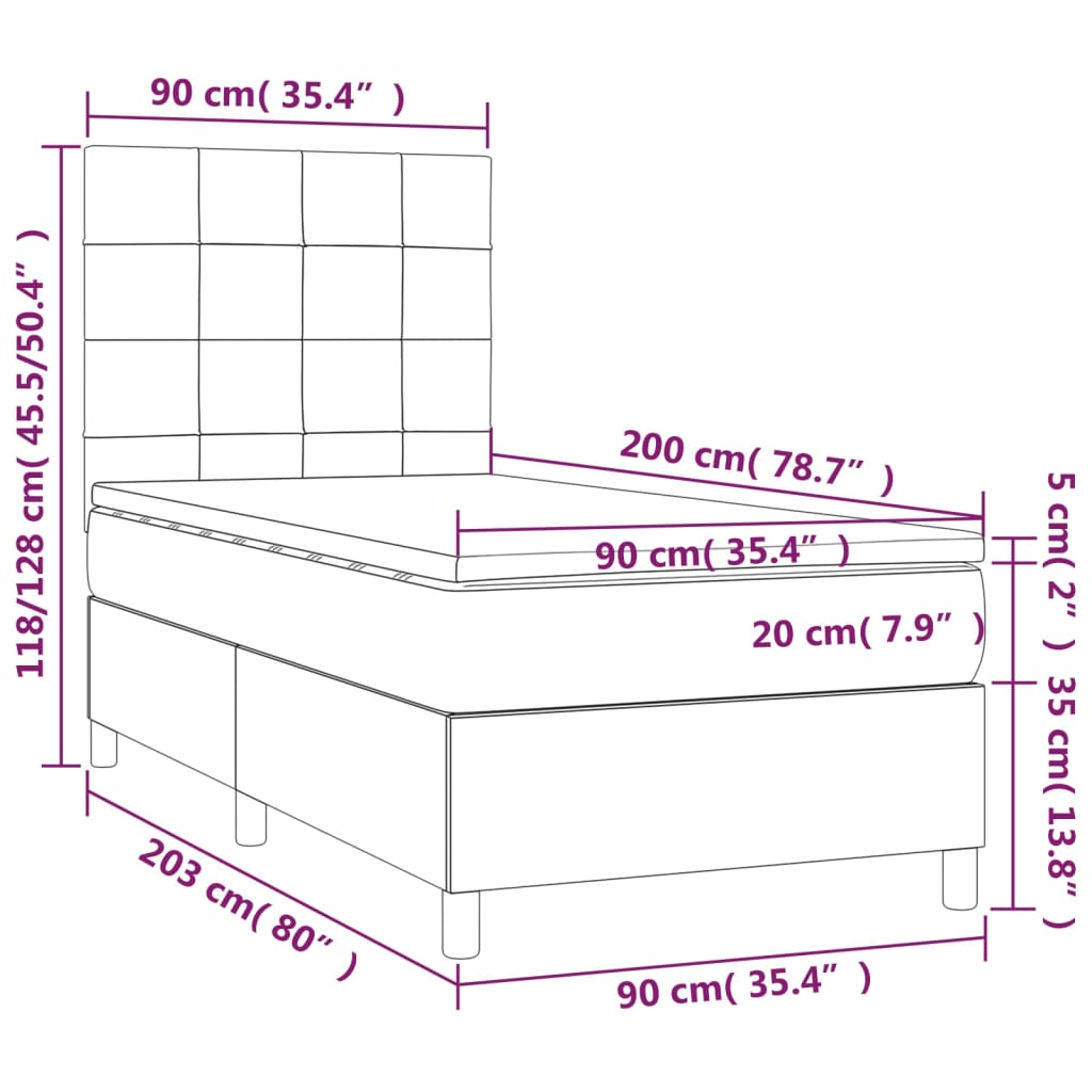 Box spring krevet s madracem i LED tamnosivom tkaninom 90x200 cm